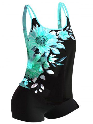 Modest Floral Print Dual Straps Boyshorts Summer Tankini Swimsuit - GREEN - S