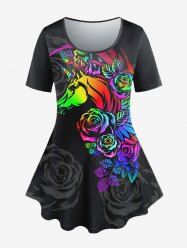 T-shirt à Imprimé 3D Rose de Grande Taille à Manches Courtes - Noir 5x | US 30-32
