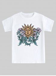 T-shirt Unisexe à Imprimé Fleur Soleil Dessin Animé à Manches Courtes - Blanc 4XL