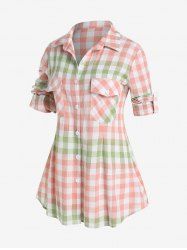 Plus Size Roll Up Sleeve Colorblock Pockets Plaid Shirt -  