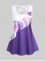 Plus Size Colorblock Floral Print Lace Panel Tank Top -  