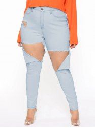 Plus Size Light Wash Destroyed Pockets Zipper Fly Casual Long Jeans -  