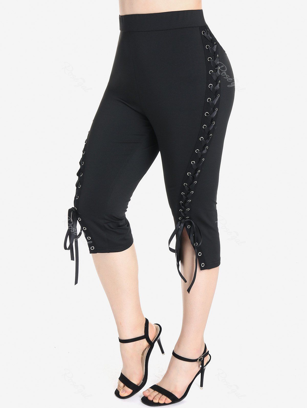 Discount Plus Size Lace Up High Waisted Capri Leggings  