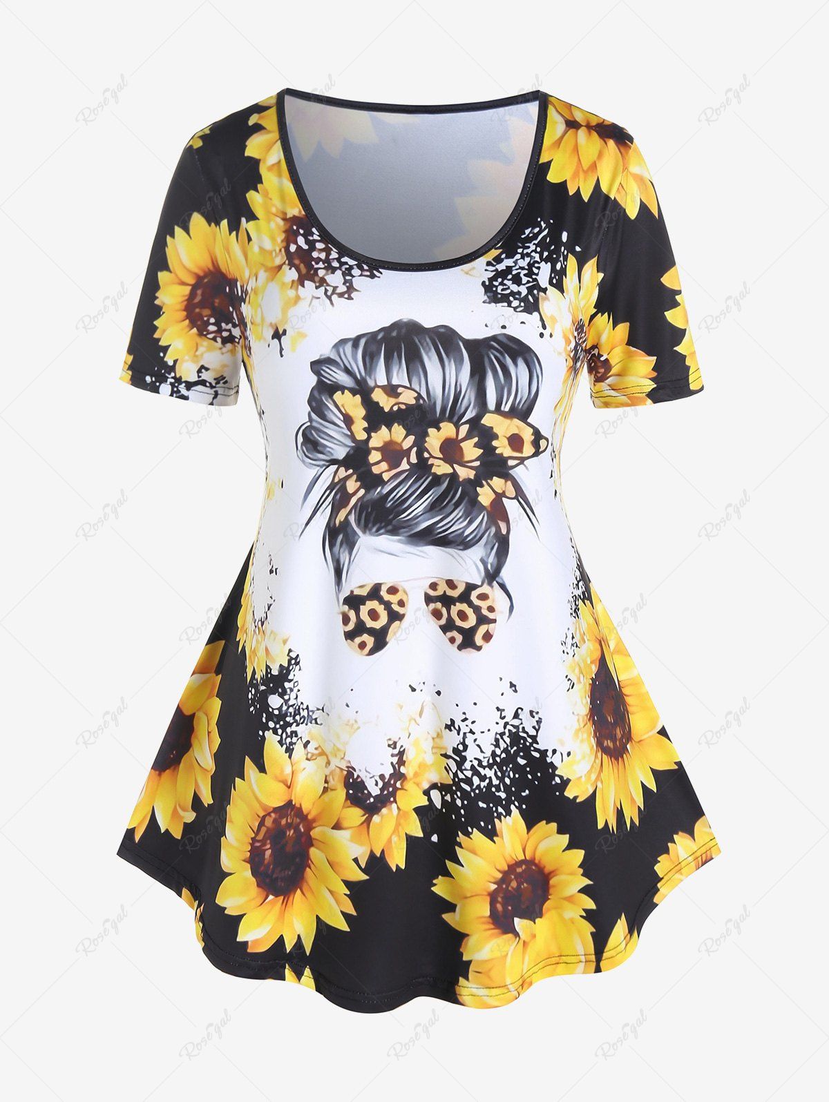 New Plus Size Sunflower Girl Hair Print Tee  
