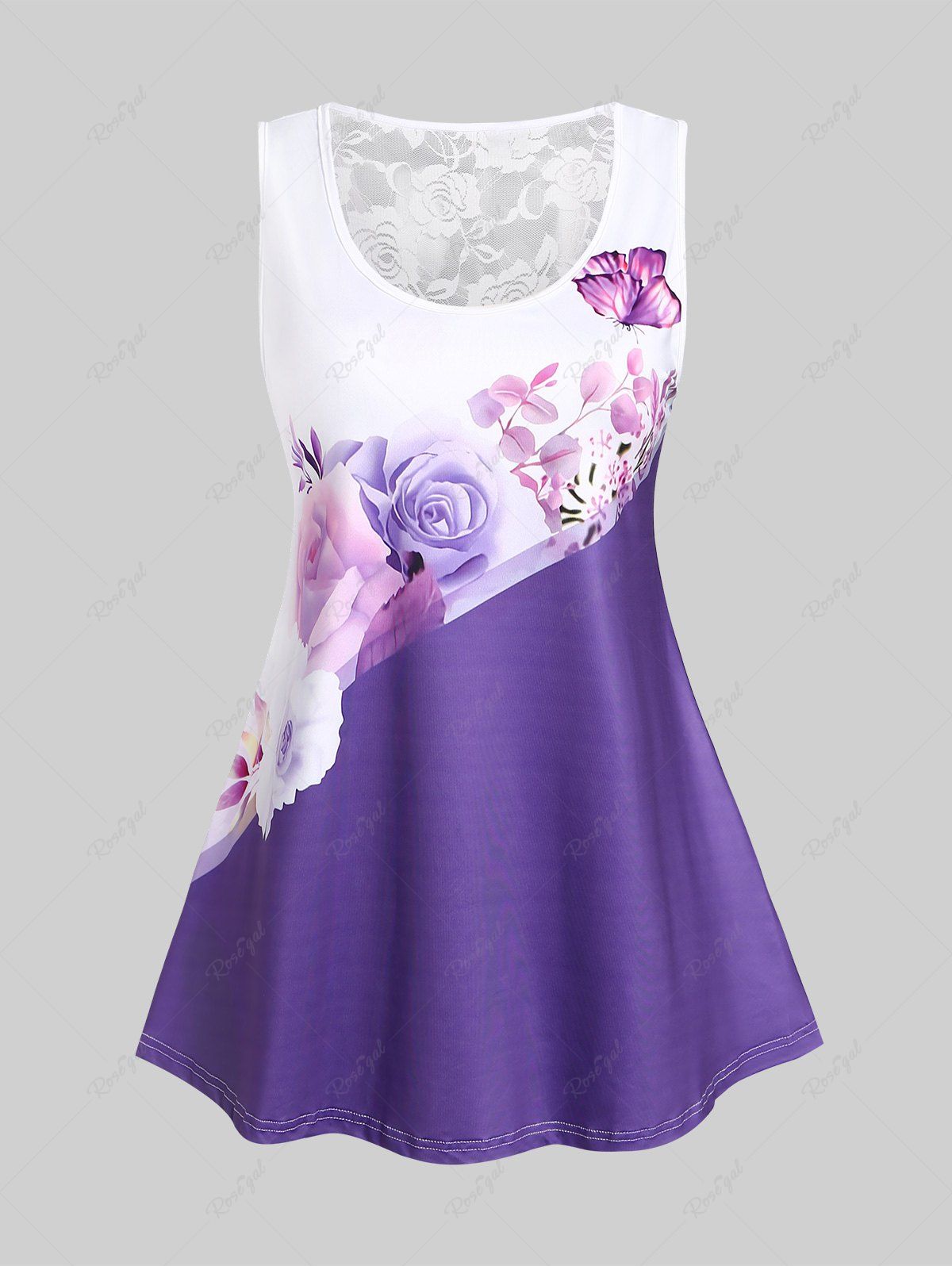 Fancy Plus Size Colorblock Floral Print Lace Panel Tank Top  