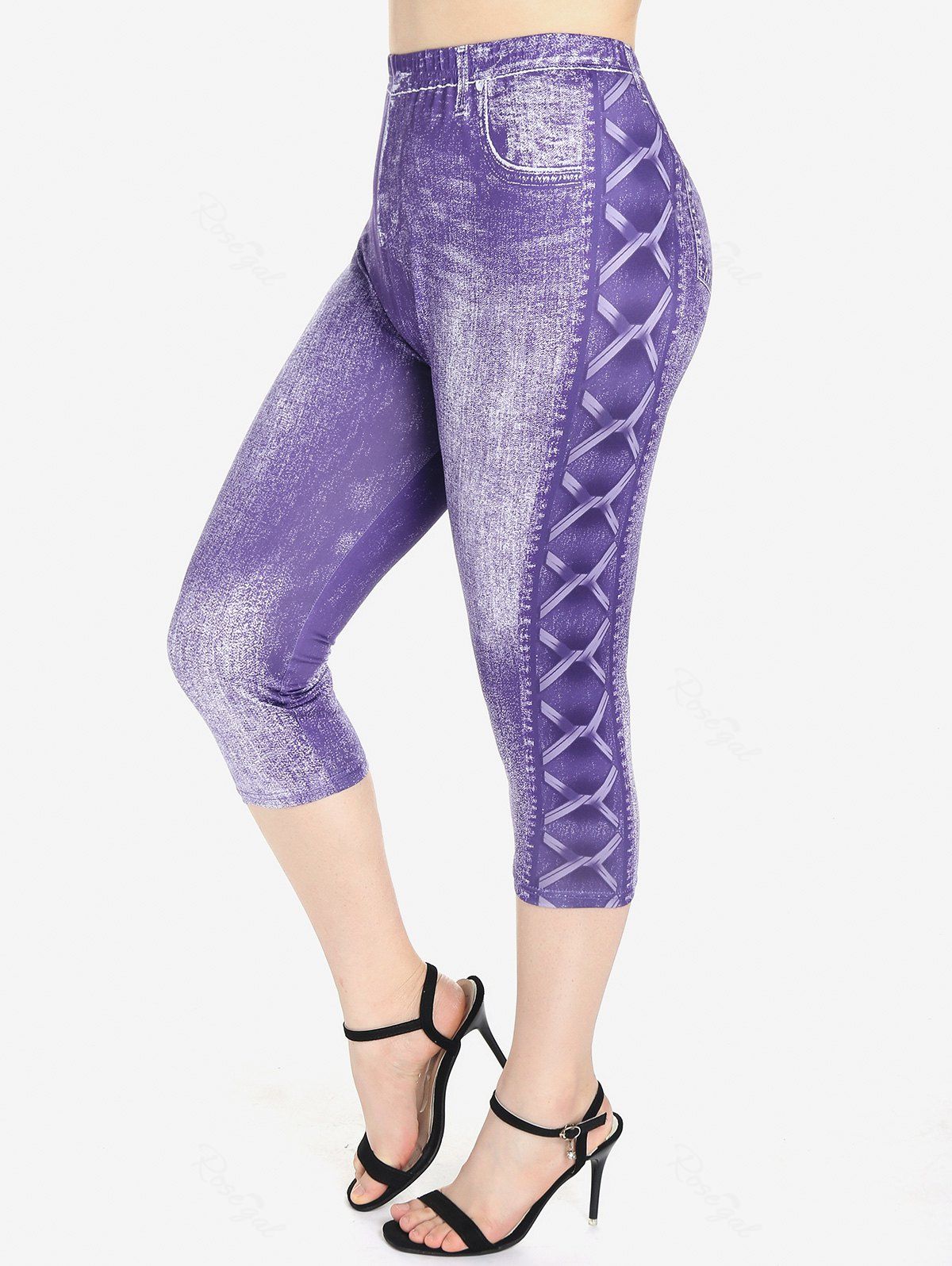 Unique Plus Size 3D Jeans Lace-Up Printed Capri Leggings  