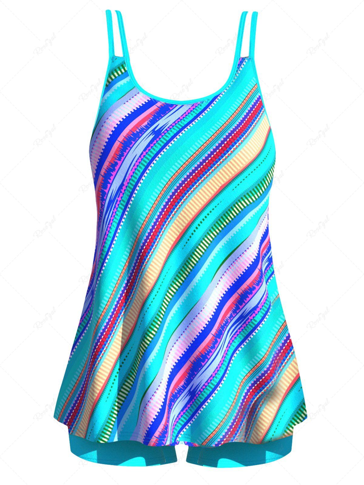 Maillot de Bain Tankini Coloré Imprimé à Double Bretelle Bleu M