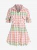 Plus Size Roll Up Sleeve Colorblock Pockets Plaid Shirt -  