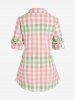 Plus Size Roll Up Sleeve Colorblock Pockets Plaid Shirt -  