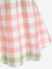 Plus Size Roll Up Sleeve Colorblock Pockets Plaid Shirt -  