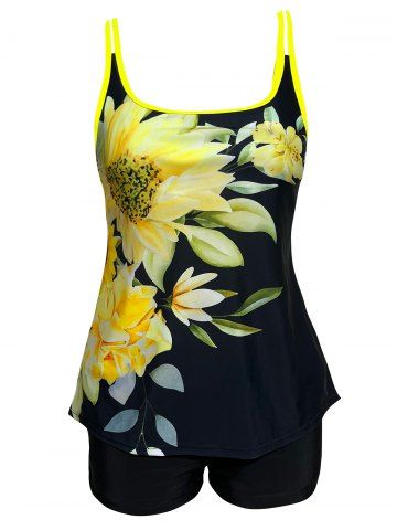 Modest Floral Print Dual Straps Boyshorts Summer Tankini Swimsuit - YELLOW - S