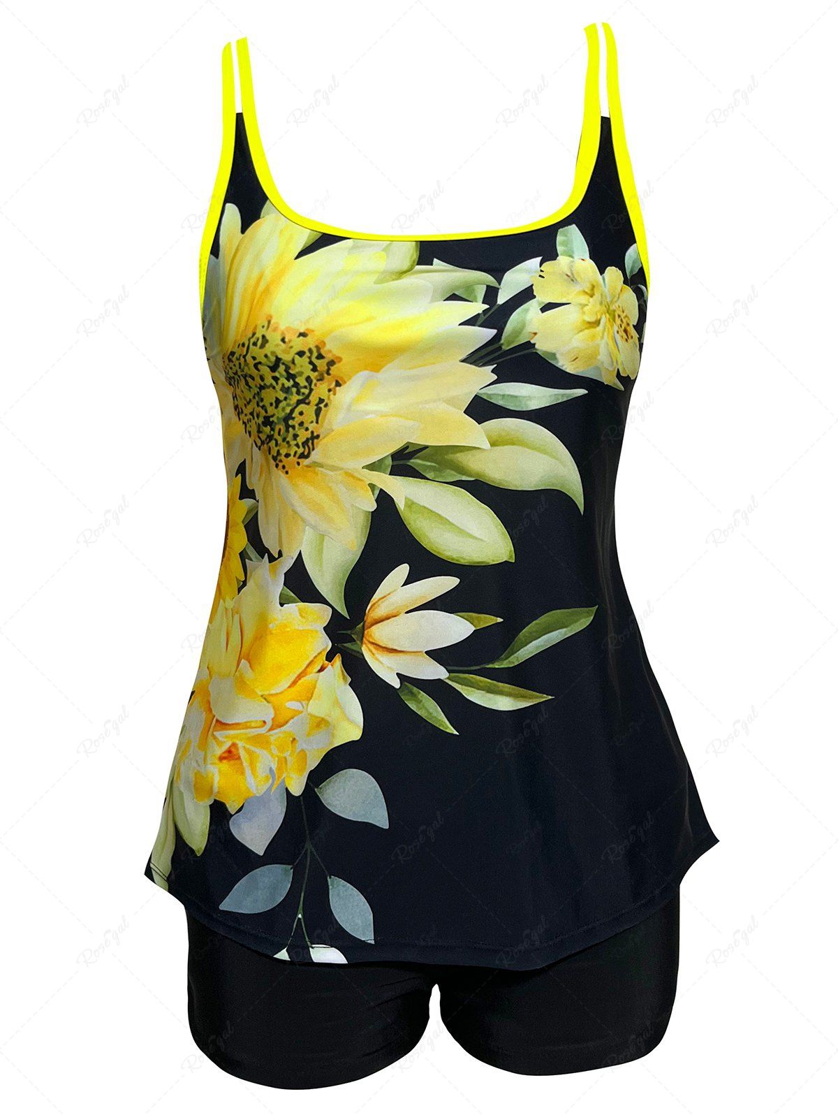 Maillot de Bain Tankini Modeste à Imprimé Floral à Double Bretelle Jaune 2XL