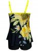 Maillot de Bain Tankini Modeste à Imprimé Floral à Double Bretelle - Jaune 2XL