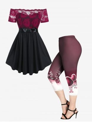Off The Shoulder Rose Lace Panel Blouse and Capri Skinny Leggings Plus Size Summer Outfit