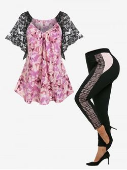 Watercolor Flower Lace Panel Butterfly Sleeve Blouse and Leggings Plus Size Summer Outfit - LIGHT PINK