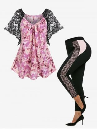 Watercolor Flower Lace Panel Butterfly Sleeve Blouse and Leggings Plus Size Summer Outfit
