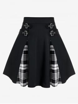 Plus Size Gothic Plaid Buckles High Waisted A Line Mini Skirt - BLACK - 1X | US 14-16