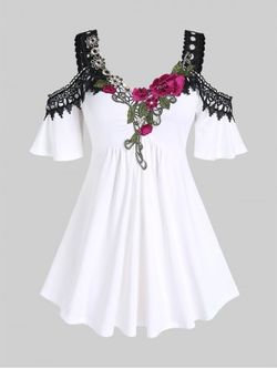 T-shirt Applique Fleur Ourlet en Dentelle à Epaule Dénudée de Grande Taille - WHITE - 2X | US 18-20