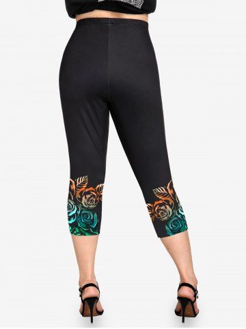 Plus Size High Waist Rainbow Rose Print Capri Leggings