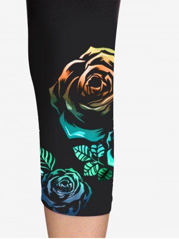 Plus Size High Waist Rainbow Rose Print Capri Leggings