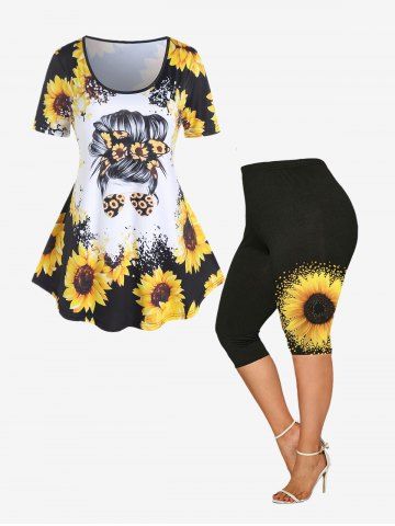 Sunflower Print Tee and High Waist Capri Leggings Plus Size Summer Outfit - BLACK