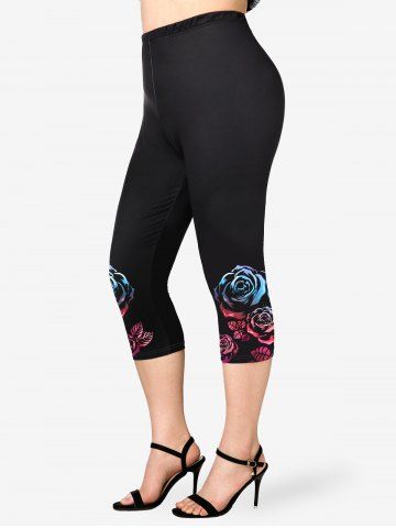 Plus Size High Waist Rainbow Rose Print Capri Leggings - BLUE - M | US 10