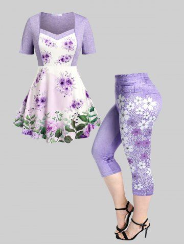 Floral Print Skirted Tee and High Waist Floral Print Capri 3D Leggings Plus Size Summer Outfit - LIGHT PURPLE