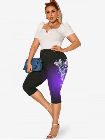 Plus Size High Waist Butterfly Print Capri Leggings