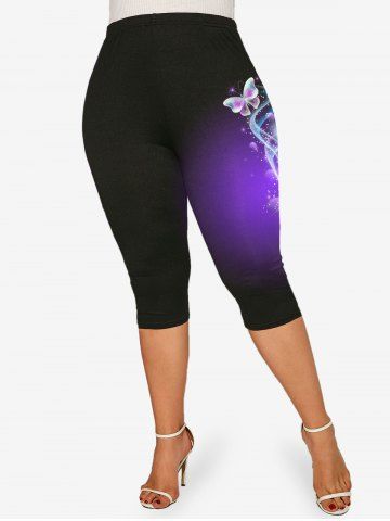 Plus Size High Waist Butterfly Print Capri Leggings