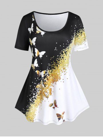 Plus Size Butterfly Print Colorblock Tee - BLACK - 3X | US 22-24