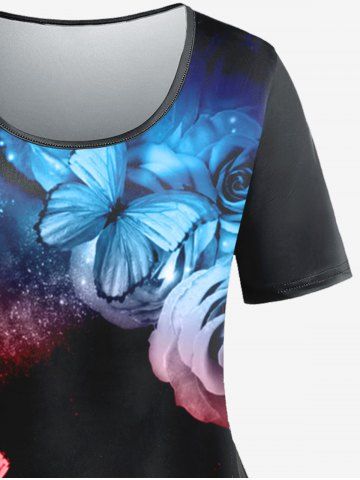 Plus Size Rainbow Rose Butterfly Print Tee
