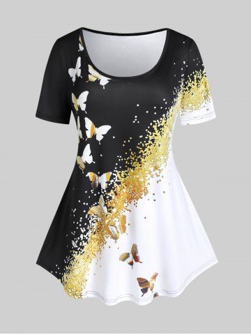 Plus Size Butterfly Print Colorblock Tee - BLACK - 1X | US 14-16