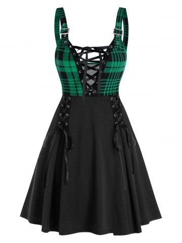Plus Size Plaid Lace Up A Line Dress