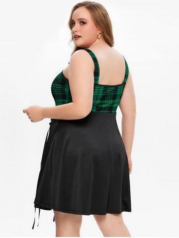 Plus Size Plaid Lace Up A Line Dress