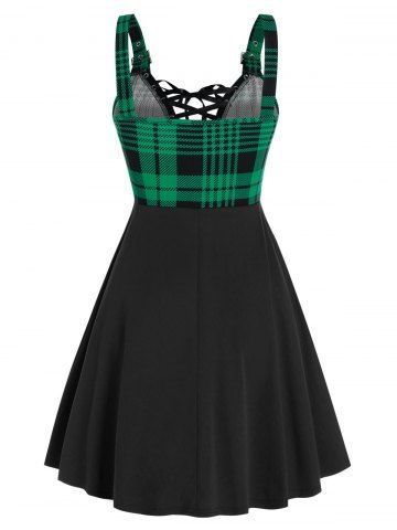 Plus Size Plaid Lace Up A Line Dress