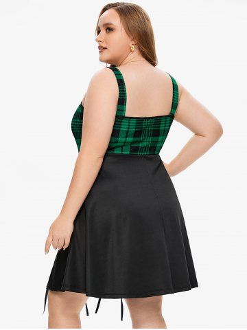 Plus Size Plaid Lace Up A Line Dress