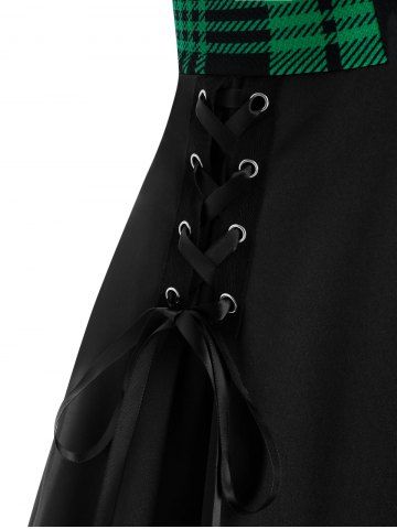 Plus Size Plaid Lace Up A Line Dress