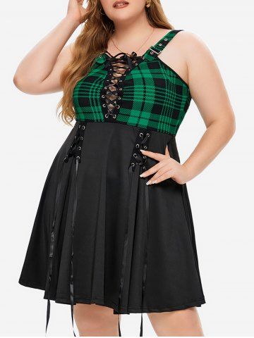 Plus Size Plaid Lace Up A Line Dress - GREEN - 5X