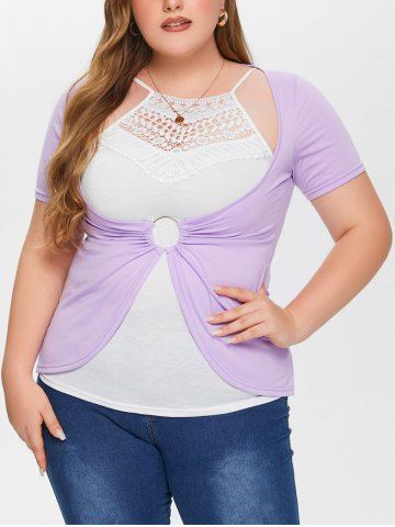 Plus Size Crochet Tank Top and O Ring Tee - MULTI - 2X