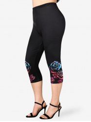 Plus Size High Waist Rainbow Rose Print Capri Leggings -  