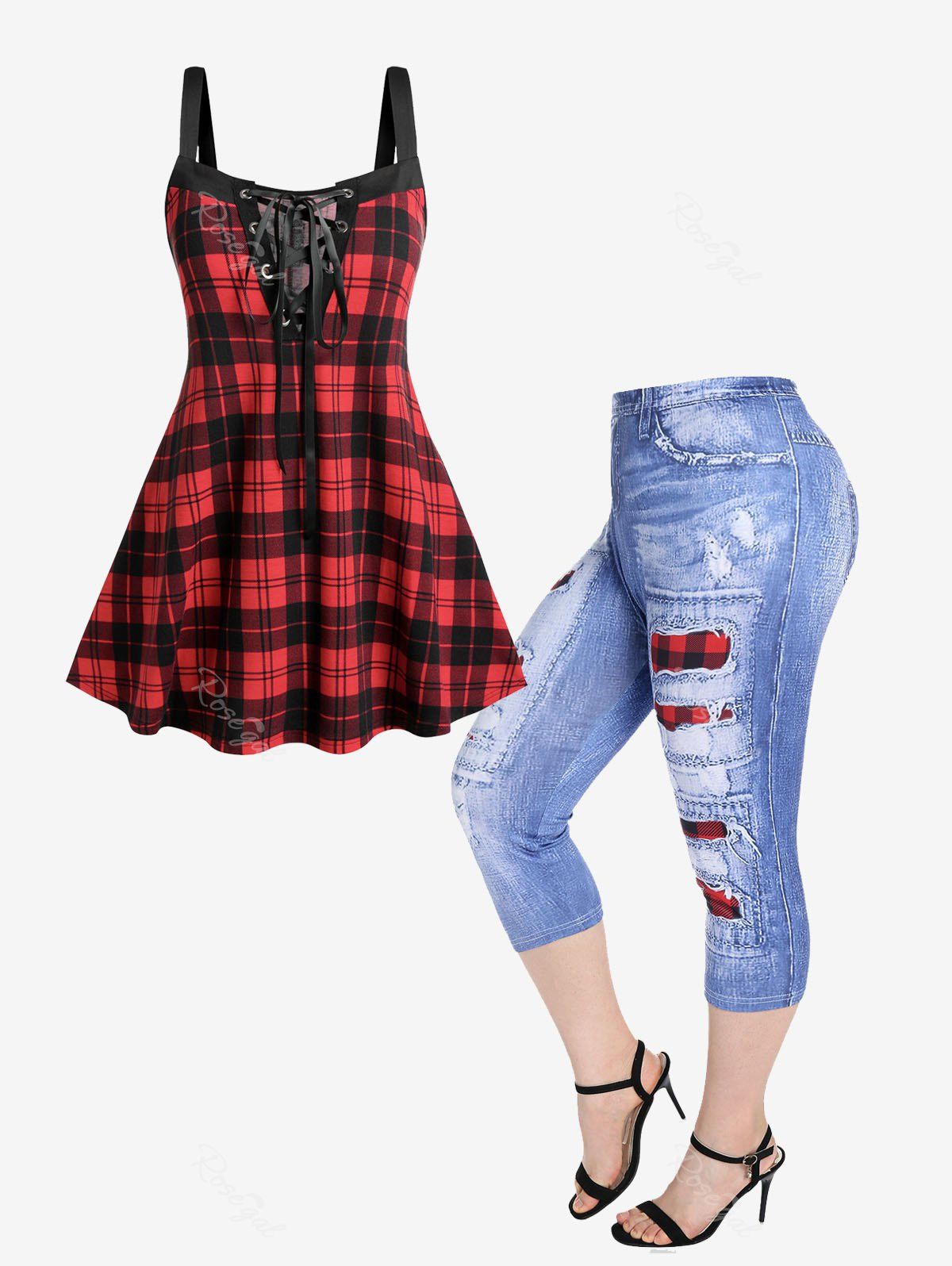 Lace Up Plaid Trapeze Tank Top And High 