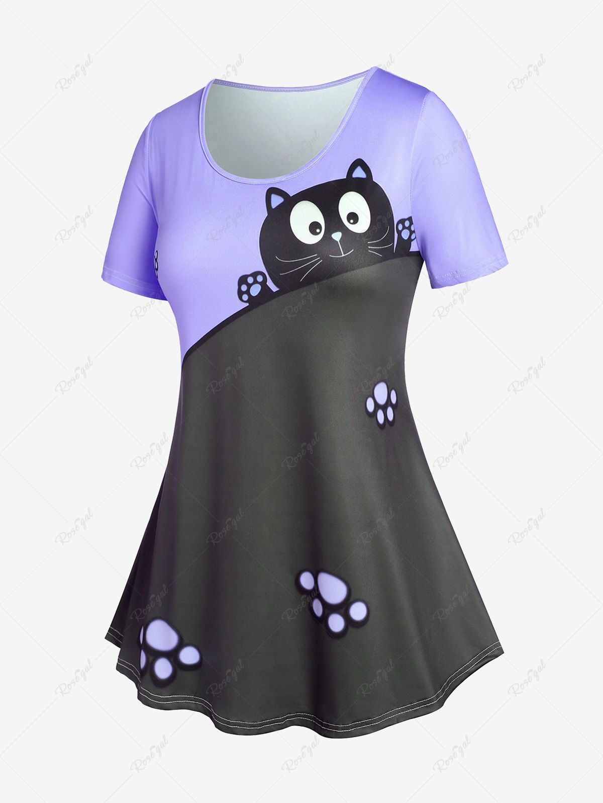 Hot Plus Size & Curve Two Tone Cat Print Short Sleeves Tee  