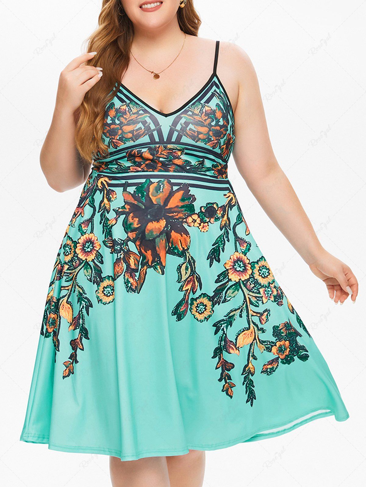 Outfits Plus Size Flower Print Slip Dress  