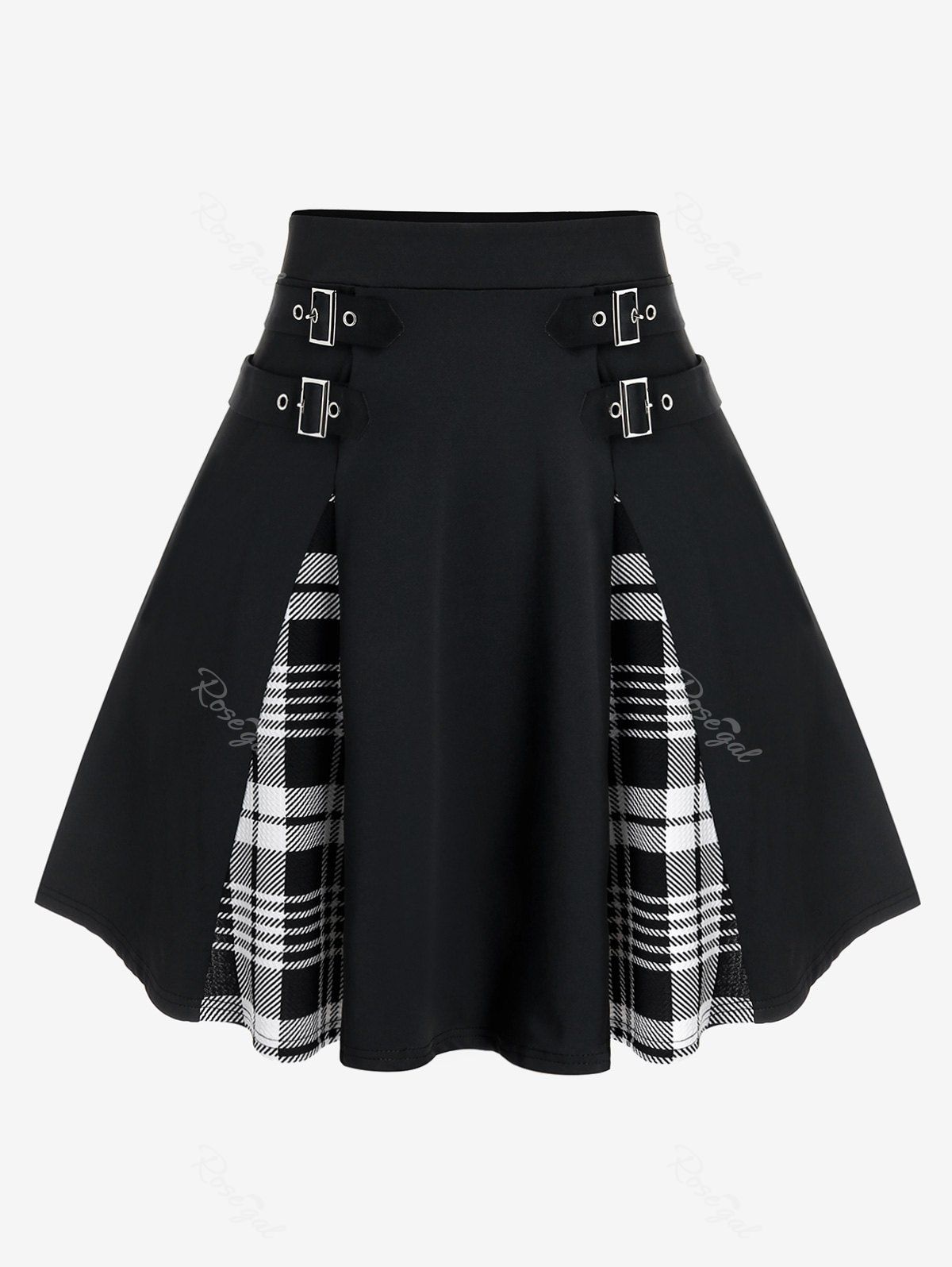 Discount Plus Size Gothic Plaid Buckles High Waisted A Line Mini Skirt  