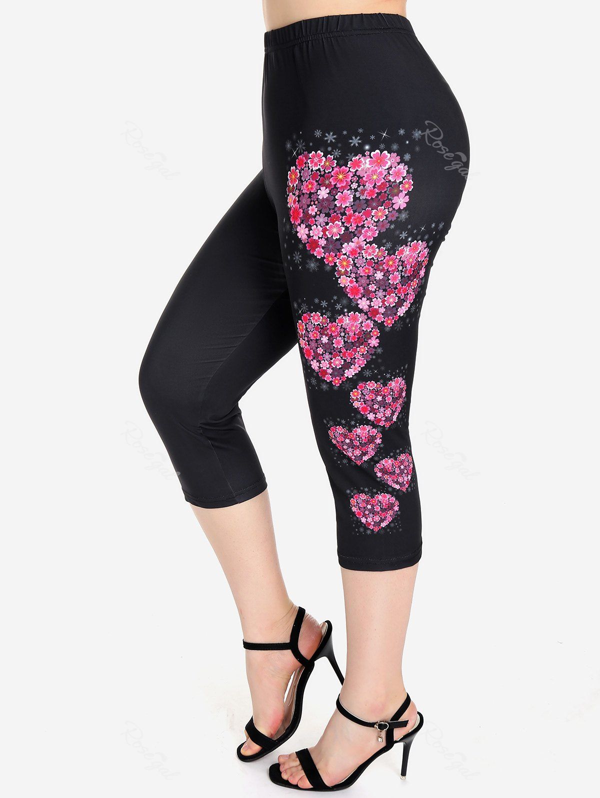New Plus Size High Waist Floral Heart Print Capri Skinny Leggings  