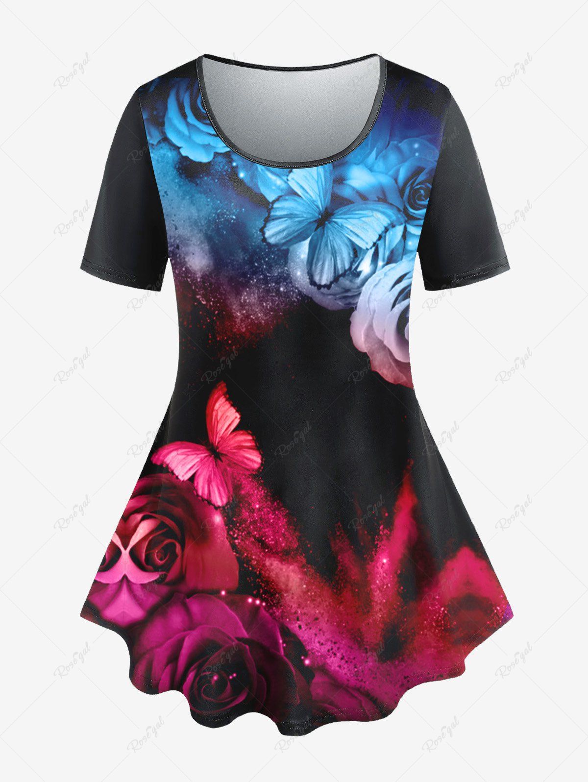 Best Plus Size Rainbow Rose Butterfly Print Tee  