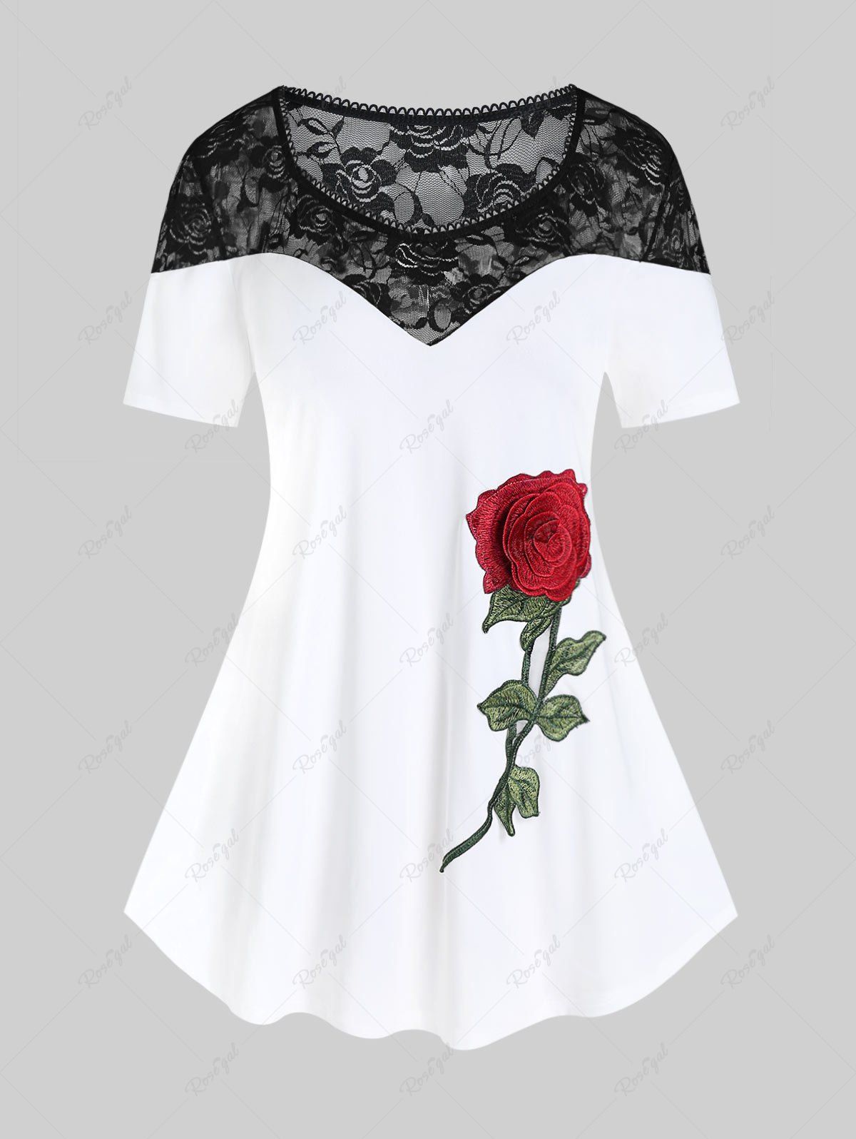 Outfit Plus Size Lace Panel Rose Applique Two Tone Tee  