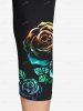 Plus Size High Waist Rainbow Rose Print Capri Leggings -  