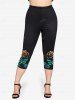 Plus Size High Waist Rainbow Rose Print Capri Leggings -  
