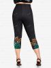 Plus Size High Waist Rainbow Rose Print Capri Leggings -  